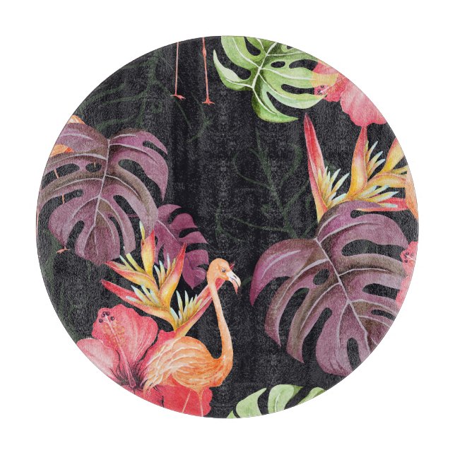 Hibiscus, Flamingos, Watercolor Tropical Pattern. Cutting Board (Front)