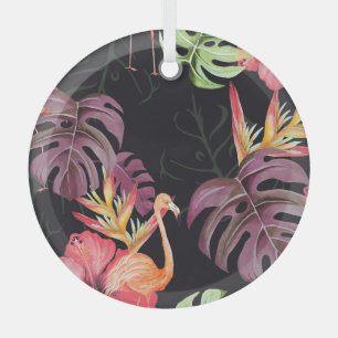 Hibiscus, Flamingos, Watercolor Tropical Pattern. Glass Ornament