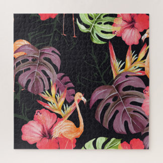 Hibiscus, Flamingos, Watercolor Tropical Pattern. Jigsaw Puzzle
