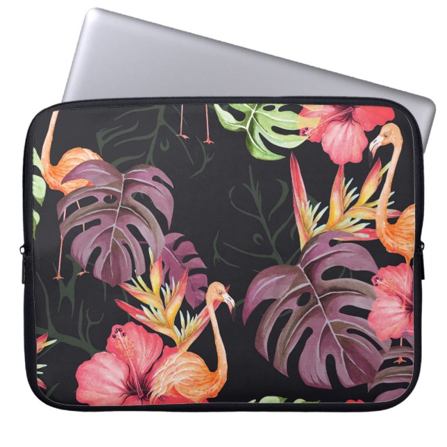 Hibiscus, Flamingos, Watercolor Tropical Pattern. Laptop Sleeve (Front)