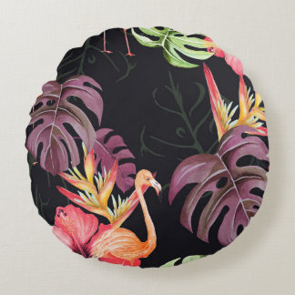 Hibiscus, Flamingos, Watercolor Tropical Pattern. Round Pillow