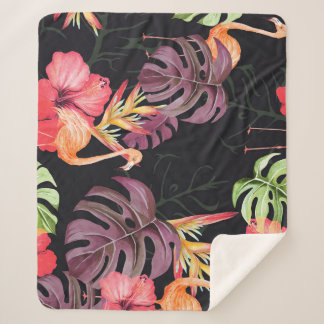 Hibiscus, Flamingos, Watercolor Tropical Pattern. Sherpa Blanket
