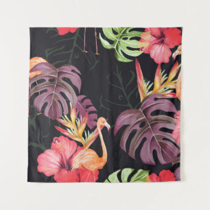 Hibiscus, Flamingos, Watercolor Tropical Pattern. Tapestry