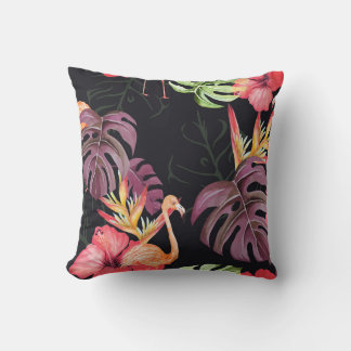 Hibiscus, Flamingos, Watercolor Tropical Pattern. Throw Pillow