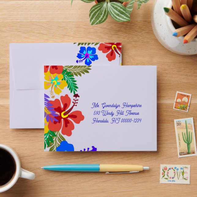 Hibiscus Floral Lavender Adresse Enveloppe Modèle (Desk)