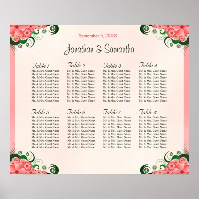Hibiscus Floral Pink 8 Table Wedding Seating Chart (Front)