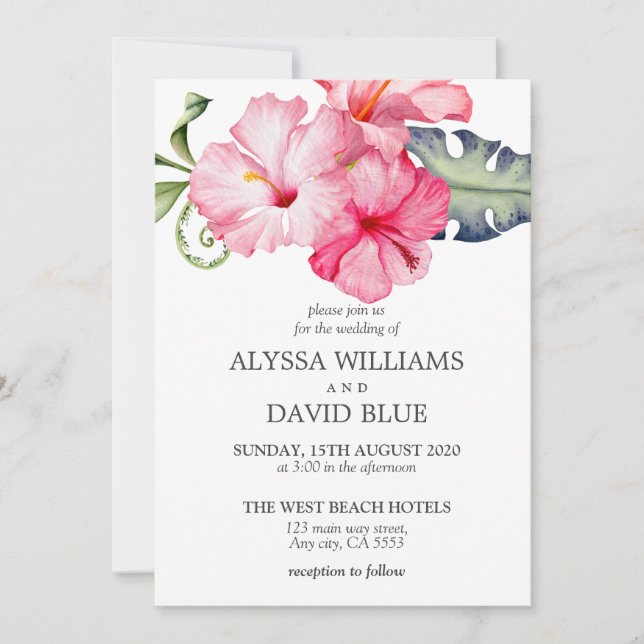 Hibiscus Floral Watercolor Romantic Wedding Invitation (Front)