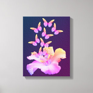 Hibiscus Flower And Colourful Butterflies On Black Canvas Print