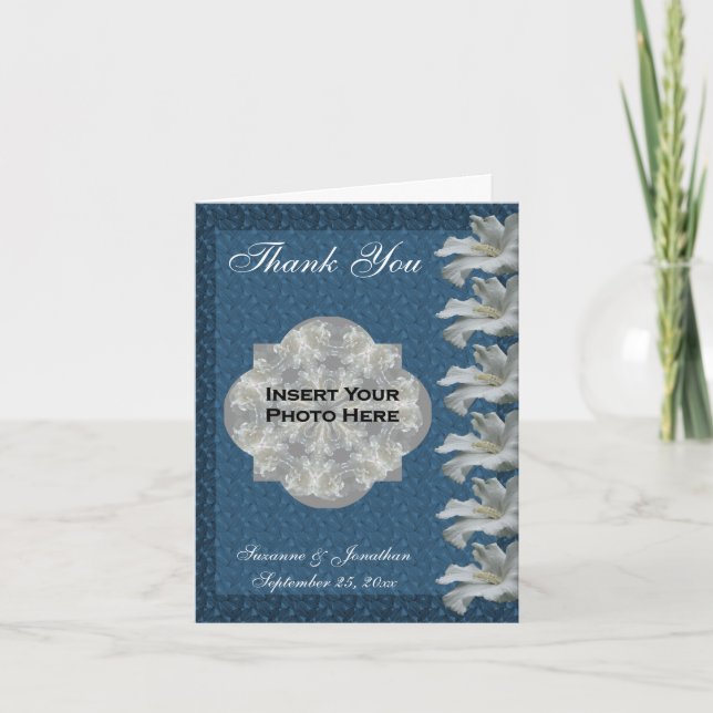 Hibiscus Flower Blue Personalized Wedding Photo  Thank You Card (Front)