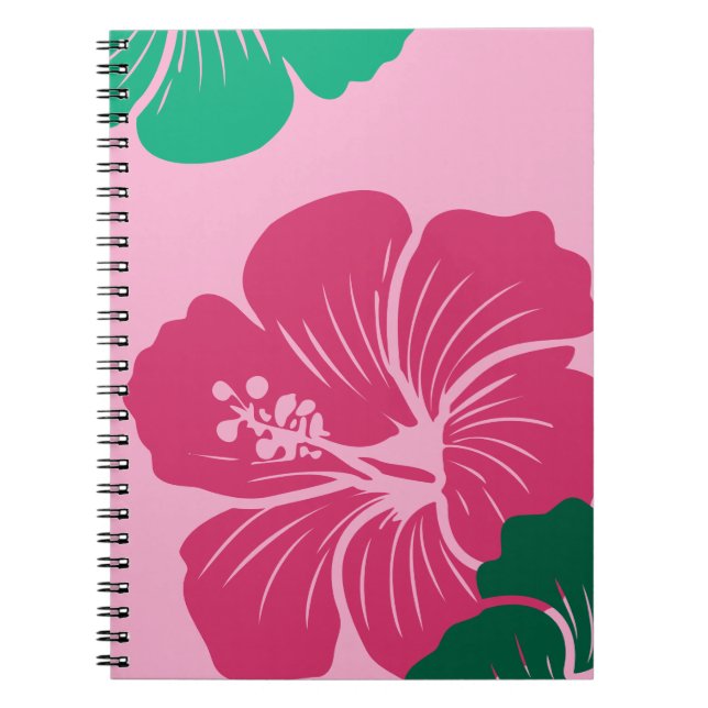 Hibiscus Flower Hot Pink with Green Leaves Notebook (Front)