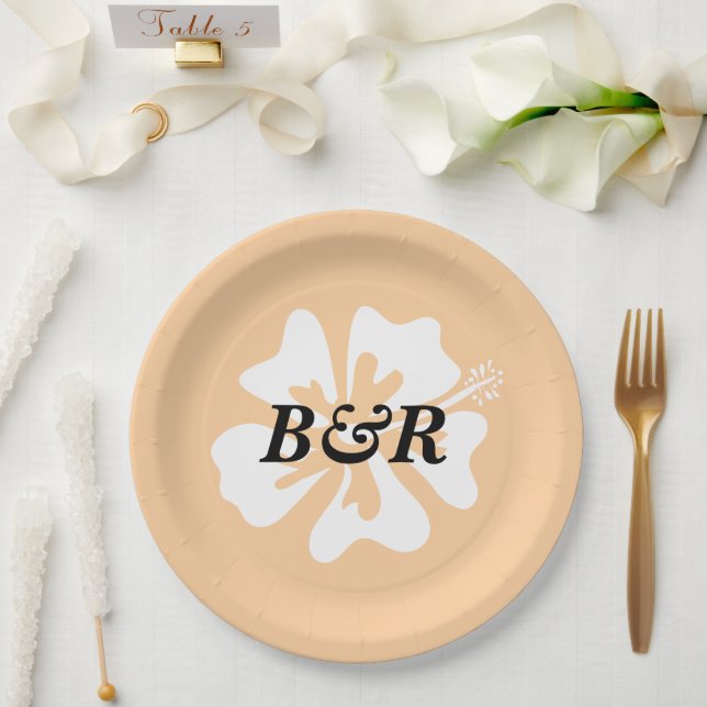 Hibiscus flower logo personalized tropical wedding paper plate (Wedding)