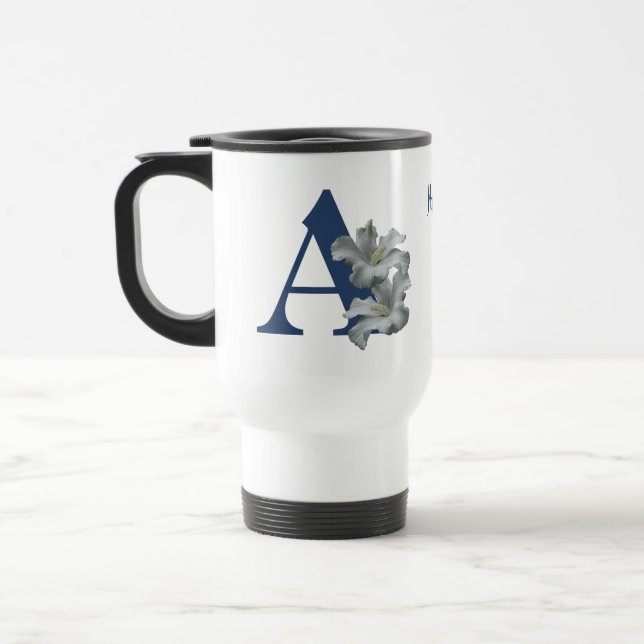 Hibiscus Flower Monogram Initial A Personalized Travel Mug (Left)