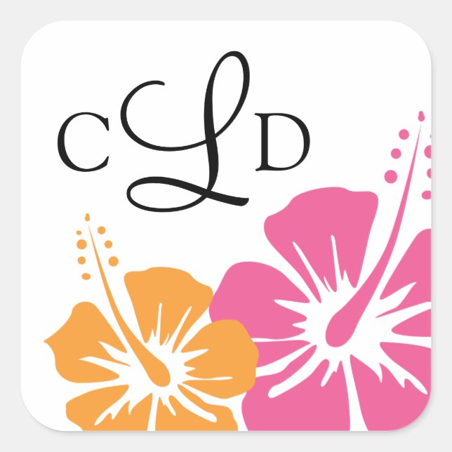Hibiscus Flower Monogram Wedding Square Sticker (Front)