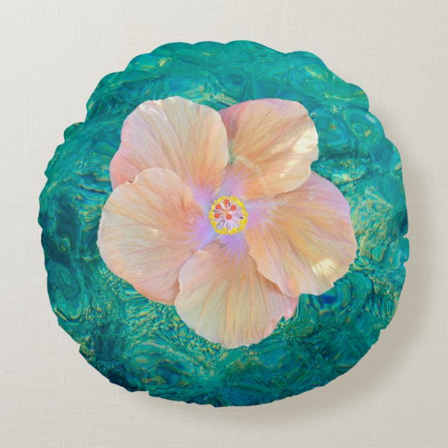 Hibiscus flower turquoise ocean pink floral round pillow (Front)