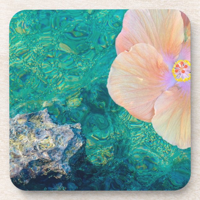 Hibiscus flower turquoise ocean water Hawaiian Coaster (Front)