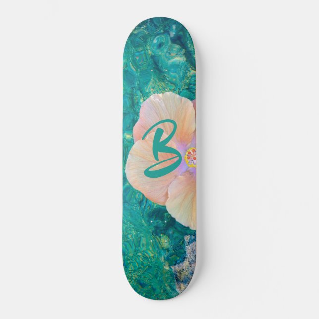 Hibiscus flower turquoise ocean water Hawaiian Skateboard (Front)
