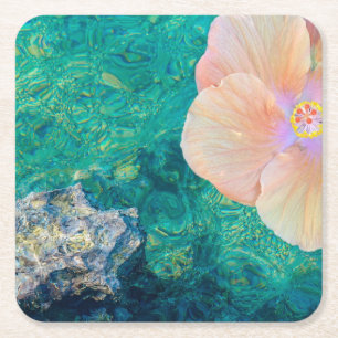 Hibiscus flower turquoise ocean water Hawaiian Square Paper Coaster
