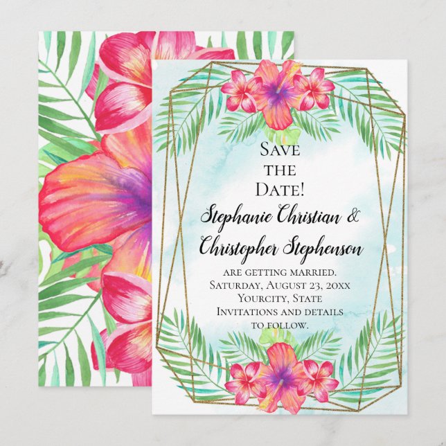 Hibiscus Flower Watercolor Beach Save the Date Invitation (Front/Back)