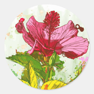 Hibiscus flower - watercolor paint classic round sticker