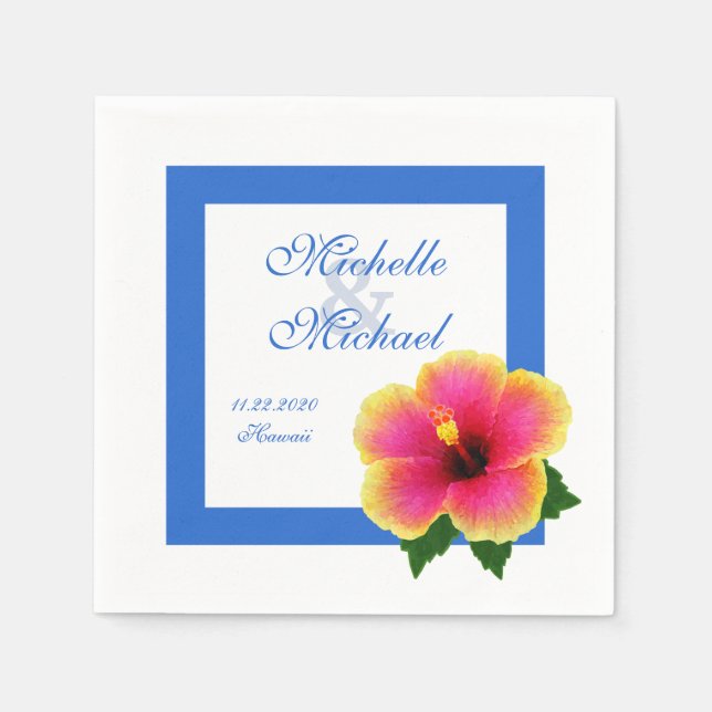 Hibiscus Flower Wedding Event Blue Napkin (Front)