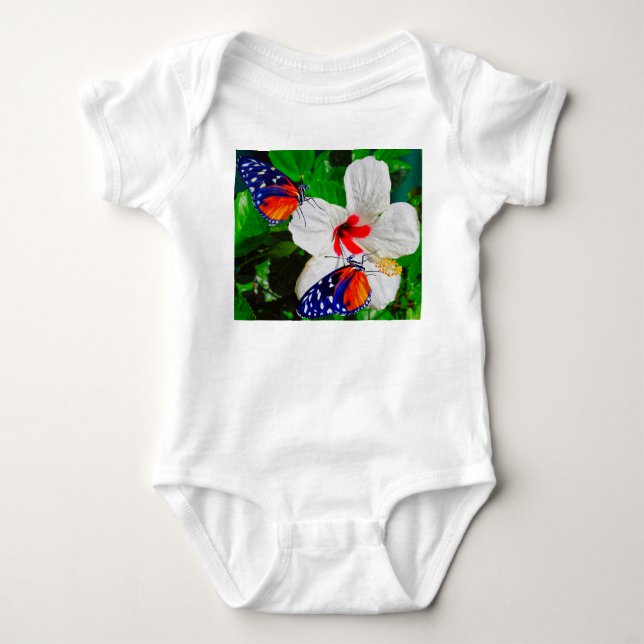 Hibiscus flower with 2 Tiger Longwing butterflies Baby Bodysuit (Front)