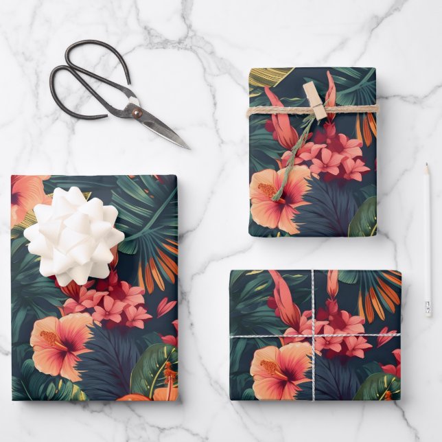 Hibiscus Flowers, A Tropical Floral Pattern Wrapping Paper Sheet (Front)