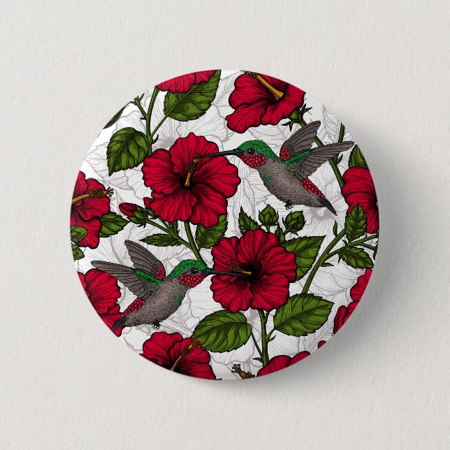 Hibiscus flowers and hummingbirds 2 inch round button (Front)