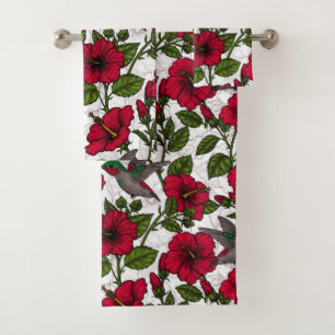 Hibiscus flowers and hummingbirds bath towel set