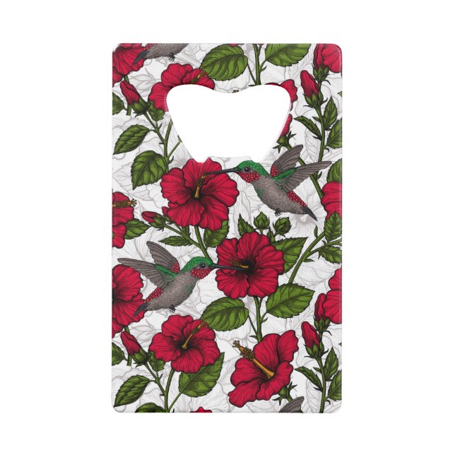 Hibiscus flowers and hummingbirds credit card bottle opener (Front)