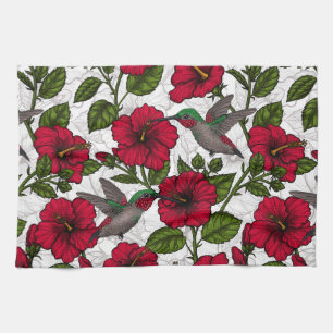 Hibiscus flowers and hummingbirds kitchen towel