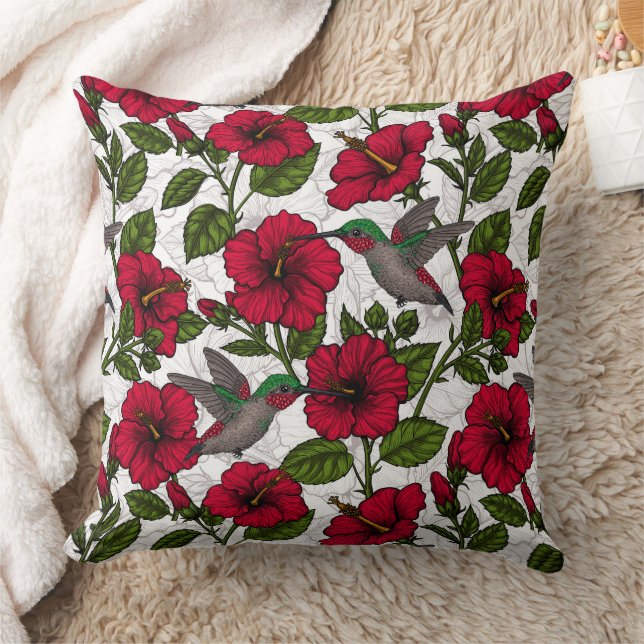 Hibiscus flowers and hummingbirds throw pillow (Blanket)