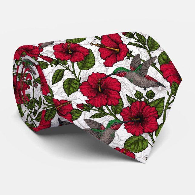 Hibiscus flowers and hummingbirds tie (Rolled)