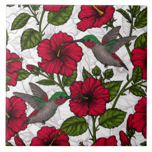 Hibiscus flowers and hummingbirds tile