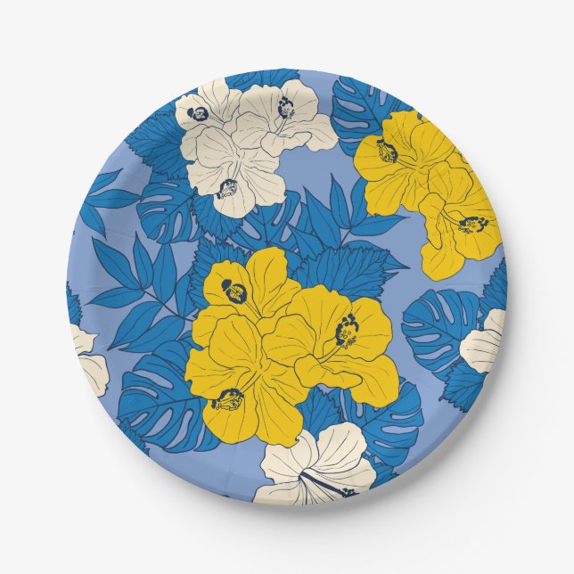 Hibiscus flowers and leaves  paper plate (Front)