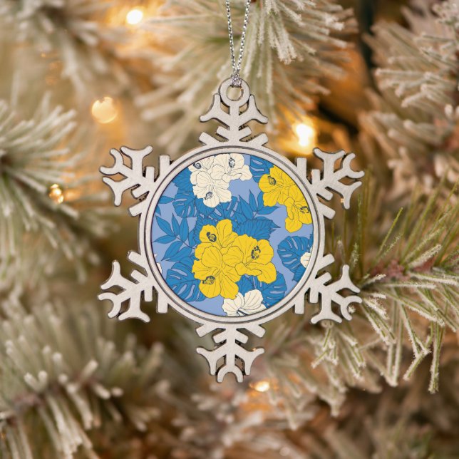 Hibiscus flowers and leaves  snowflake pewter christmas ornament (Tree)