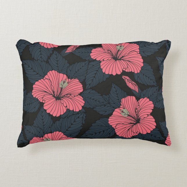 Hibiscus flowers: dark seamless wallpaper. accent pillow (Front)