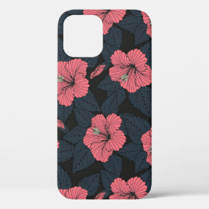 Hibiscus flowers: dark seamless wallpaper. iPhone 12 case