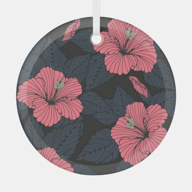 Hibiscus flowers: dark seamless wallpaper. glass ornament (Front)
