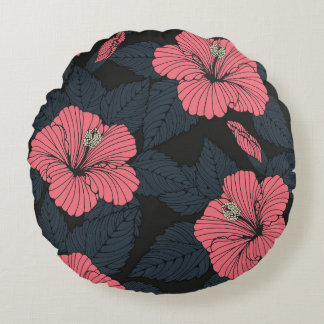 Hibiscus flowers: dark seamless wallpaper. round pillow