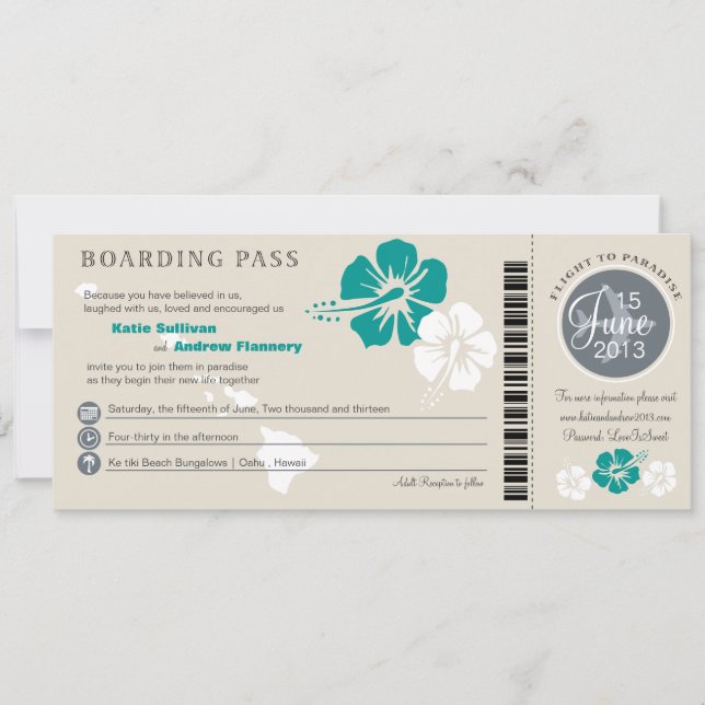 Hibiscus Flowers Hawaii Boarding Pass Invitation (Front)