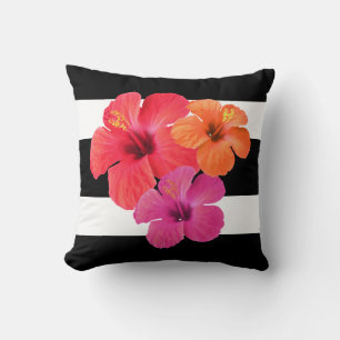 Hibiscus Flowers On Black-White Stripes Throw Pillow