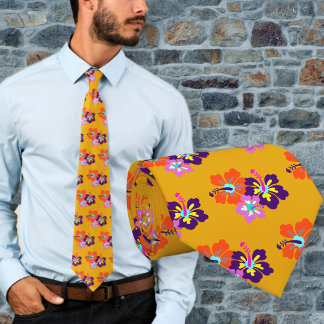 Hibiscus Flowers Pattern Gold Floral tie