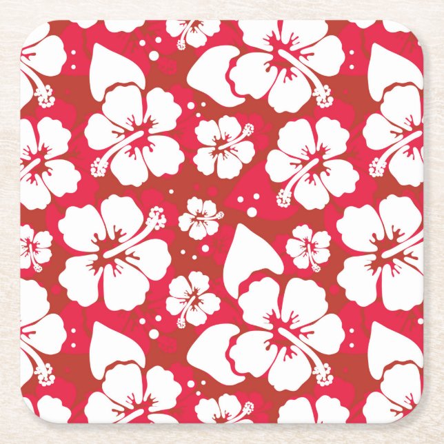 Hibiscus Flowers Pattern Square Paper Coaster (Front)