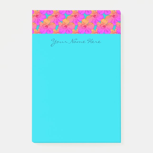 Hibiscus Flowers Pink on Turquoise Post-it Notes (Front)