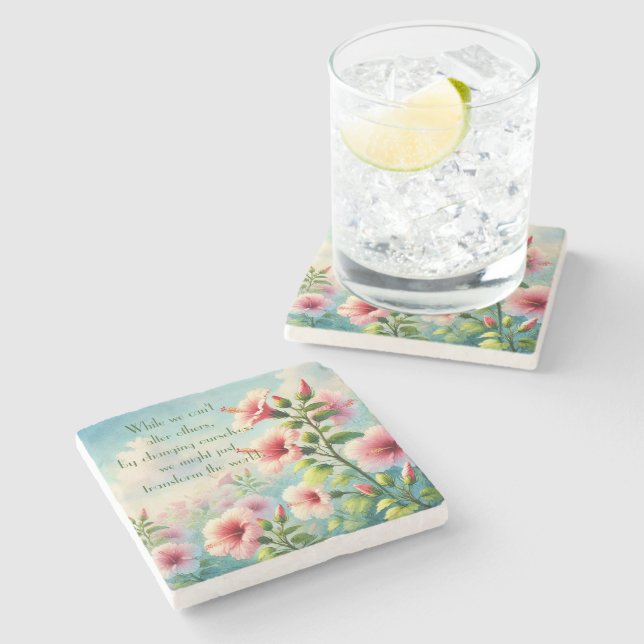 Hibiscus Flowers & Quote Stone Coaster (Side)