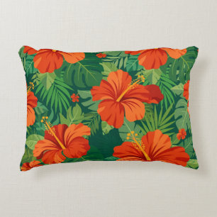 Hibiscus Flowers Red Orange Green Jungle Foliage Accent Pillow