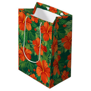 Hibiscus Flowers Red Orange Green Jungle Foliage Medium Gift Bag