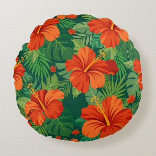 Hibiscus Flowers Red Orange Green Jungle Foliage Round Pillow