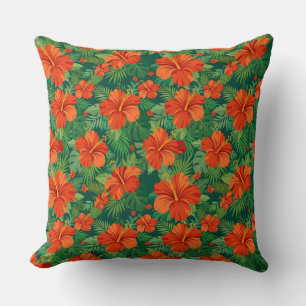 Hibiscus Flowers Red Orange Green Jungle Foliage Throw Pillow