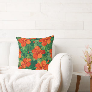 Hibiscus Flowers Red Orange Green Jungle Foliage Throw Pillow
